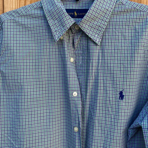 Ralph Lauren Plaid Men’s 100% Cotton Button Front Shirt, Green/Navy, Size L - Picture 2 of 5